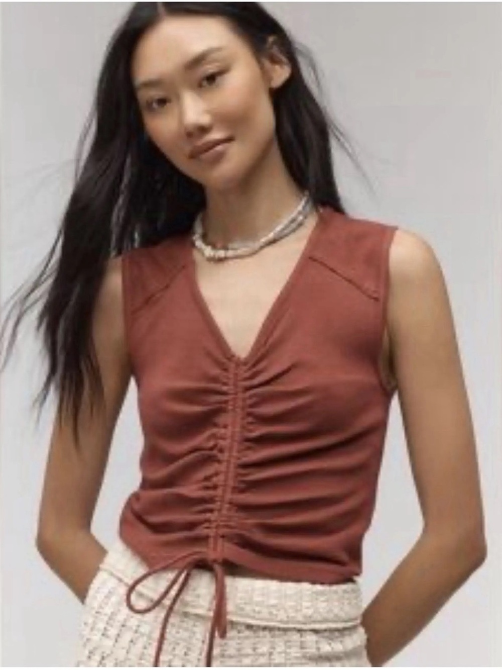 Pilcro Ruched V-Neck Sleeveless Top in Rust